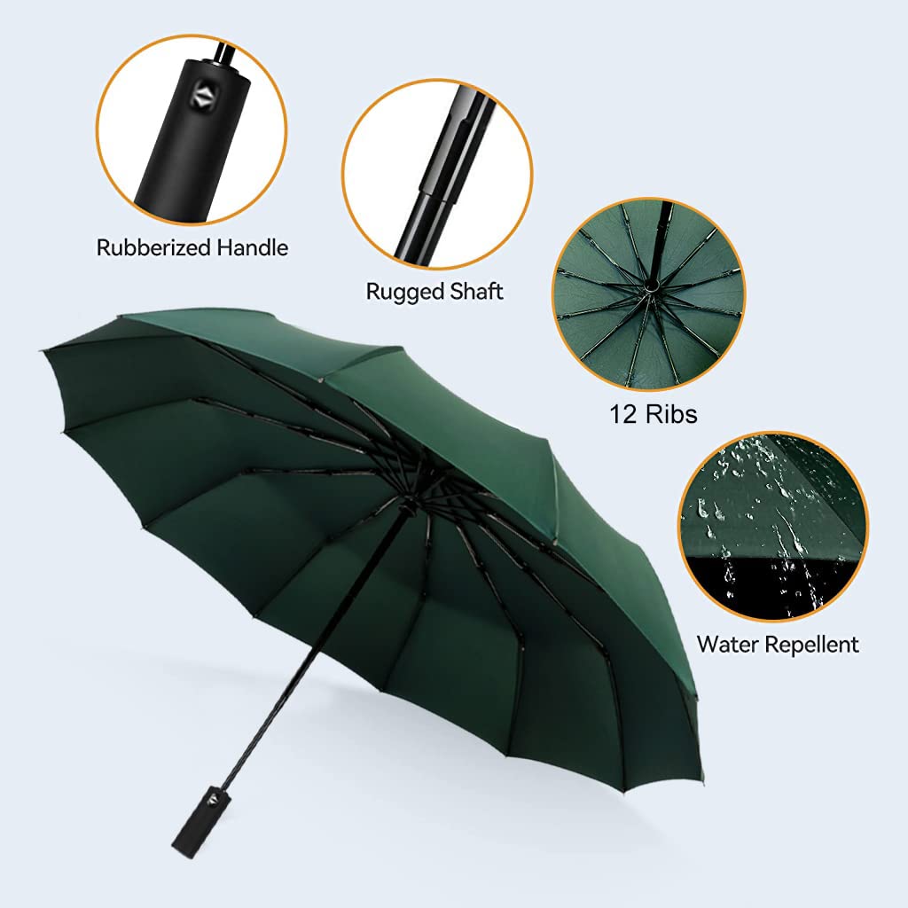 Venzina Umbrella for Travel with 12 Fiberglass Ribs and 41 in Coverage | Auto Open Green