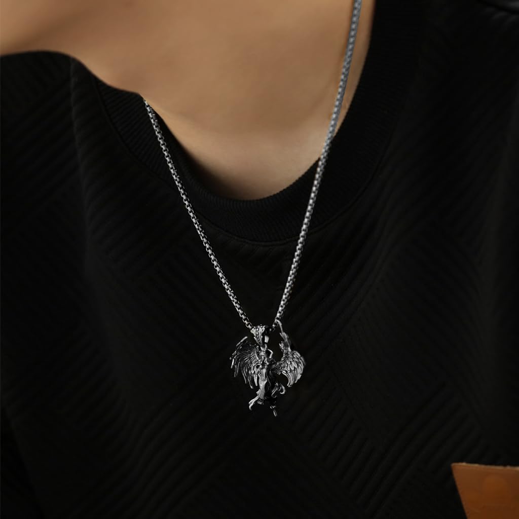 Proberos Guardian Angel Pendant Necklace featuring Winged Dark Angel Design for Men | Titanium Steel Unisex Jewelry