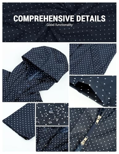 Venzina® Raincoat for Women High Waterproof Hooded Rain Jacket Zip-up Rain Coat Knee-length Lightweight Rainwear Outdoor Rainproof Poncho with Storage Pouch, Stylish Polka Dot Jacket, Navy Blue-L