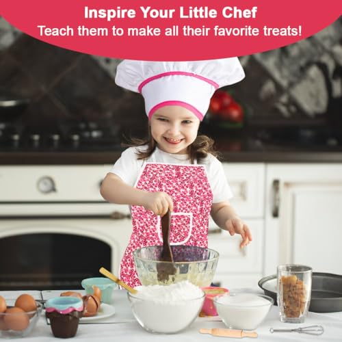 HASTHIP® 7Pcs Baking Set for Kids with Chef Cap for Kids & Waterproof Kitchen Art Apron for Kid & Oven Gloves & Heat Insulation Pad & Dough Rolling Pins & Egg Whisk & Wooden Spoon Children Baking Set