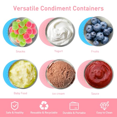 HASTHIP® Combo Pack of 2pcs 40ML & 2pcs 70ML Stainless Steel Salad Dressing Containers with Lids, Leakproof Sauce Cups for Lunch Box, Picnic, Travel, Crafts, DIY, Pink+Blue