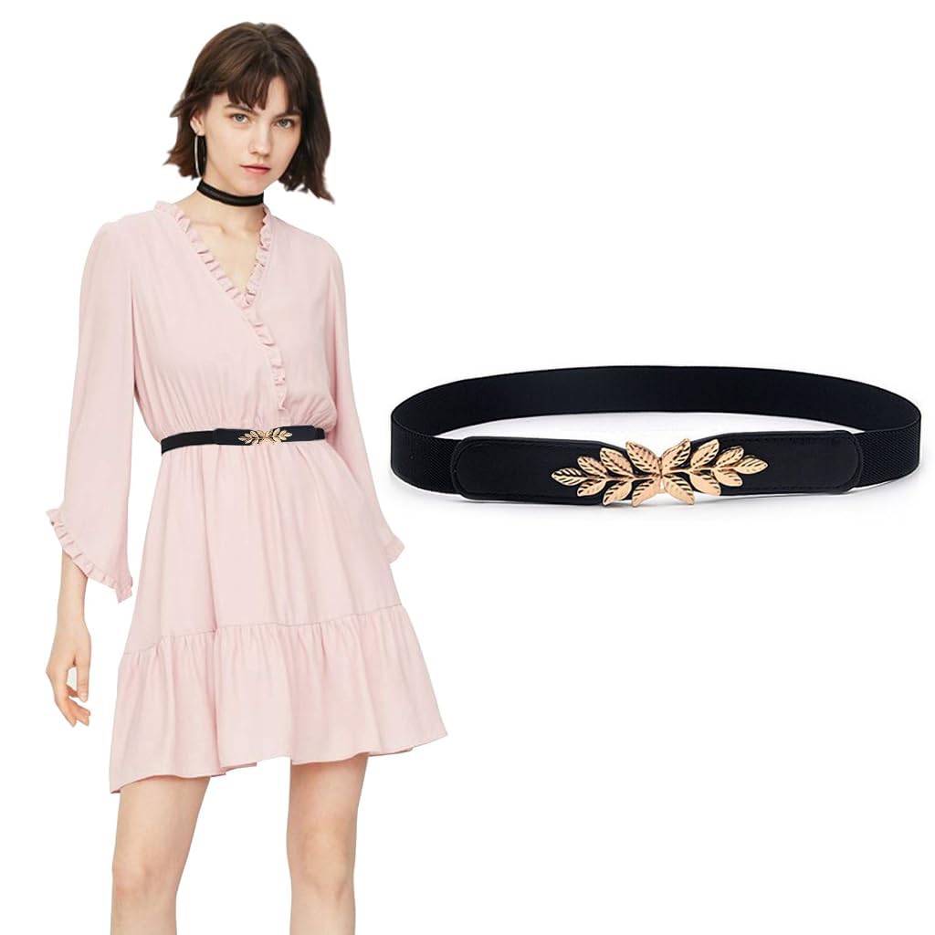 ZIBUYU Fashion Waist Belt for Women Chic Golden Leaf Buckle Design 25.2 inches Stretchy Slim Waist Belt High Class Vintage Belt for Shirt, Blazer, Sweater, Dress, 64-75cm
