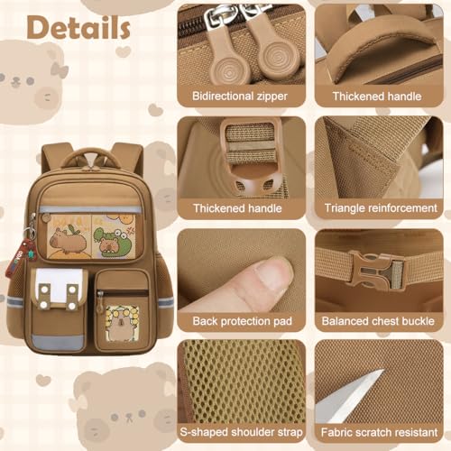 Climberty® Capybara Backpack with 6 Badges Capybara Post Cards Cute Bag Charm Kawaii Multi Compartment School for Girls 3 PCS