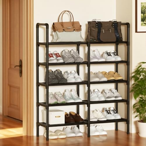 HASTHIP® 5-Tier Shoe Rack for Entryway, Black Painted Metal Shoe Storage Stand, Holds 1520 Pairs, DIY Assembly Easy Modern Freestanding Shoe Organizer Holder, 96x90x23cm