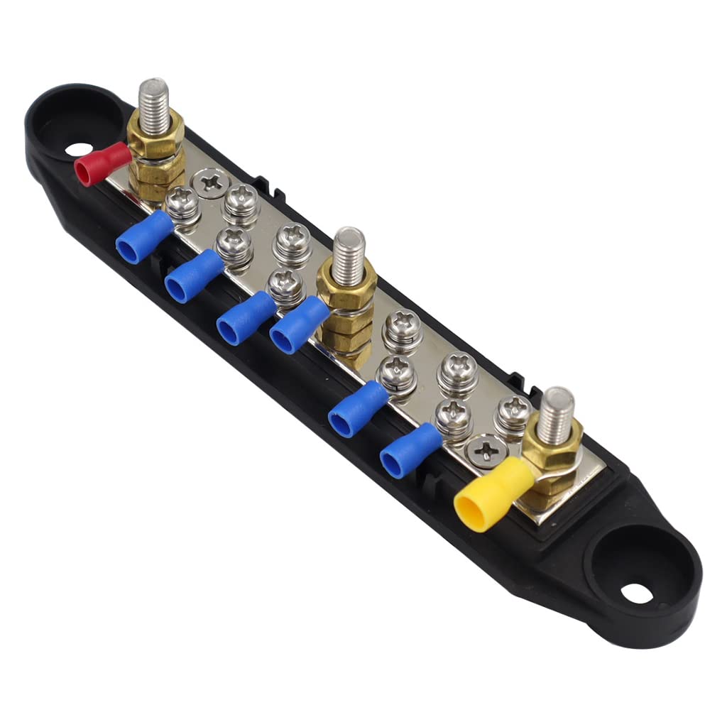 HASTHIP Bus Bar for Boat Car and Caravan with 3x1/4 in Posts and 10x#8 Screws | Nickel Plated Brass 48V 150A Power Distribution Block