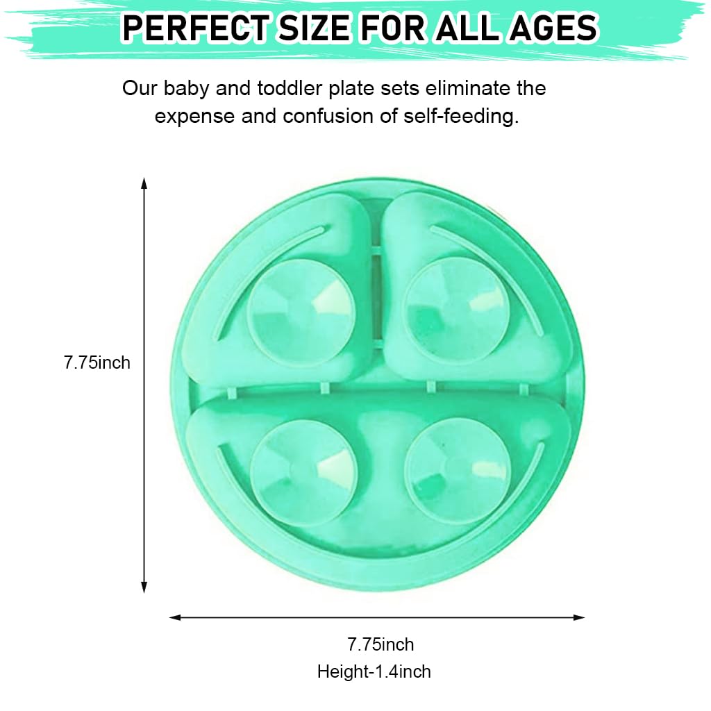 SNOWIE SOFT® Baby Suction Plates for Baby Feeding BPA Free Foodgrade Silicone 3-Grid Food Plate for Kids, Young Kids Tableware, Silicone Dinnerware with 4 Suction Cups, Dish Washer Safe (Green)