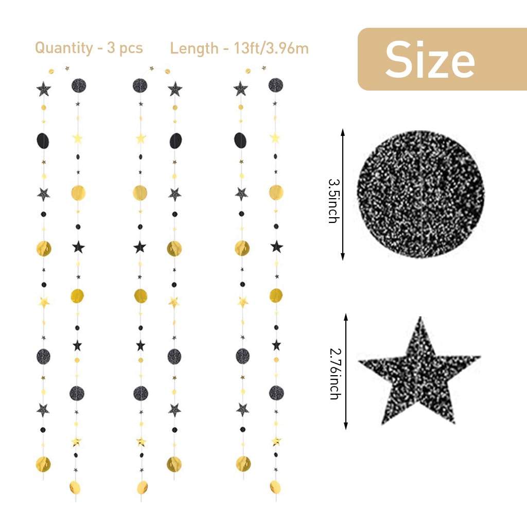 HASTHIP® 3Pcs Black Gold Party Decorations Moon Star Garland Hanging Stars13ft String Decorations Wall Hanging Decorations Room Decoration Party Supplies for Wedding, Festival, Party