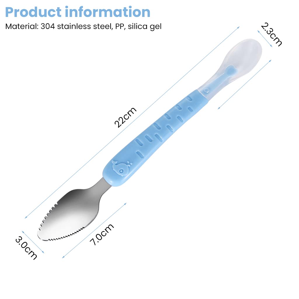 SNOWIE SOFT Silicone Baby Fruit Spoon Scraper for Feeding with Dual Serrated Edges 22.7 cm | Food Grade Steel and PP Handle 3 PCS
