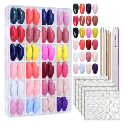 MAYCREATE® 576Pcs Press-On Nails DIY Nail Art Ballerina Nails 24-Grid Colorful Press-On Nails DIY Nail Art Press-On Ballerina Nail Kit  with Nail File, Cuticle Pusher Sticks, Double-side Adhesive Tabs
