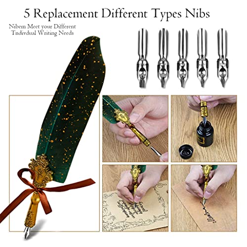 HASTHIP® Quill Pen and Ink Set Calligraphy Feather Pen with Wax Seal Stamp Includes Dip Ink 5 Replacement Nibs 3 Wax Sticks Nib Base White Spoon Green 3 PCS