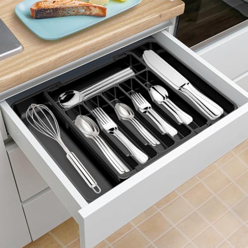 Supvox Kitchen Drawer Divider Organizer Silverware Holder Telescopic Cutlery Organizer Tray PP Silverware Holder for Spoons, Forks, Cutter, Butter Spatulas, 13-22.4 inches Adjustable Width