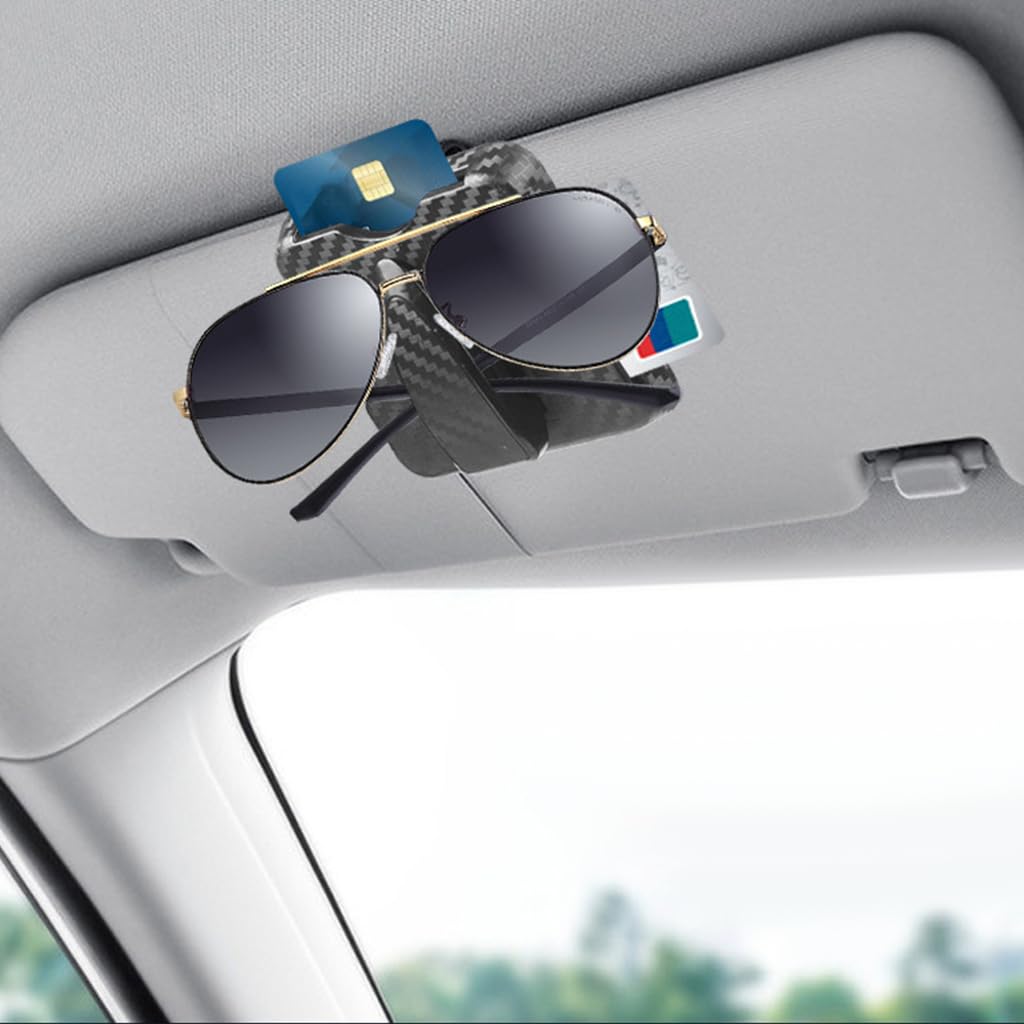 STHIRA® Car Sunglasses Holder Clip-On Sun Visor Sunglasses Holder for Car 2 In 1 Car Glass Holder with Card Storage Slot, Secure Clamp, ABS Material & Carbon Fiber Stripy Style Car Interior Accessory