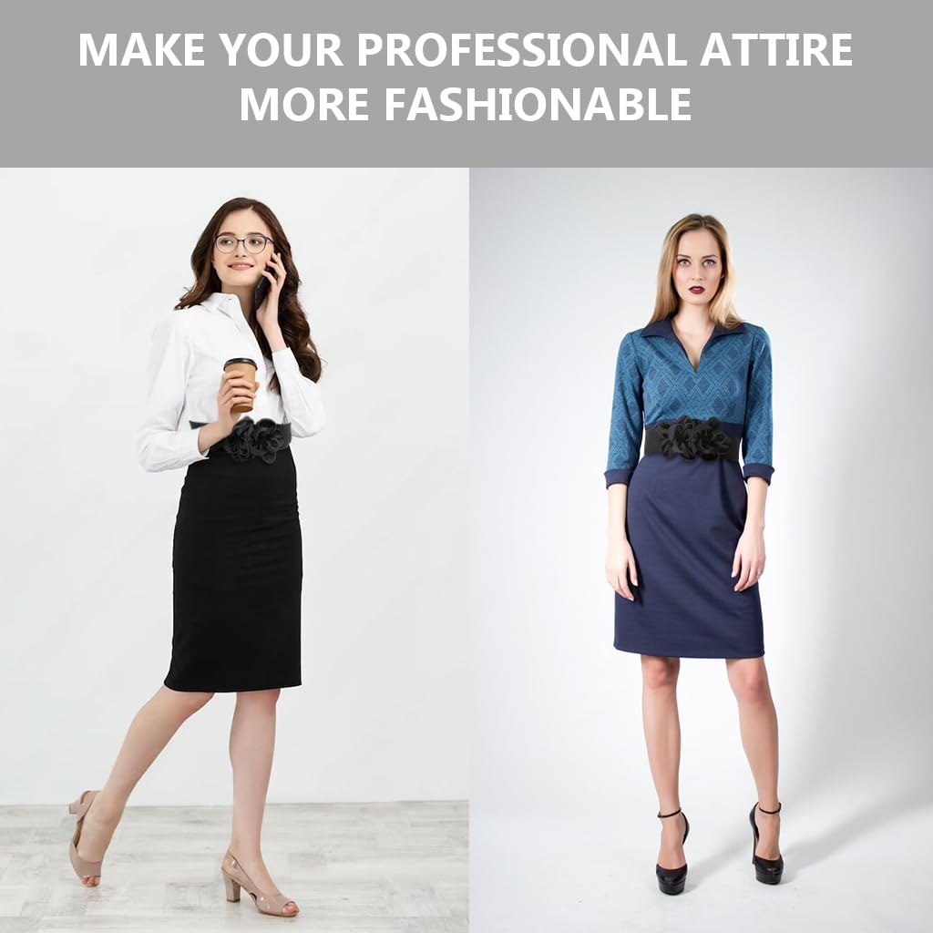 ZIBUYU Stretch Wide Waist Belt for Dresses with Snap Closure and Chiffon Flowers | Adjustable 65–86 cm Black Elastic Design