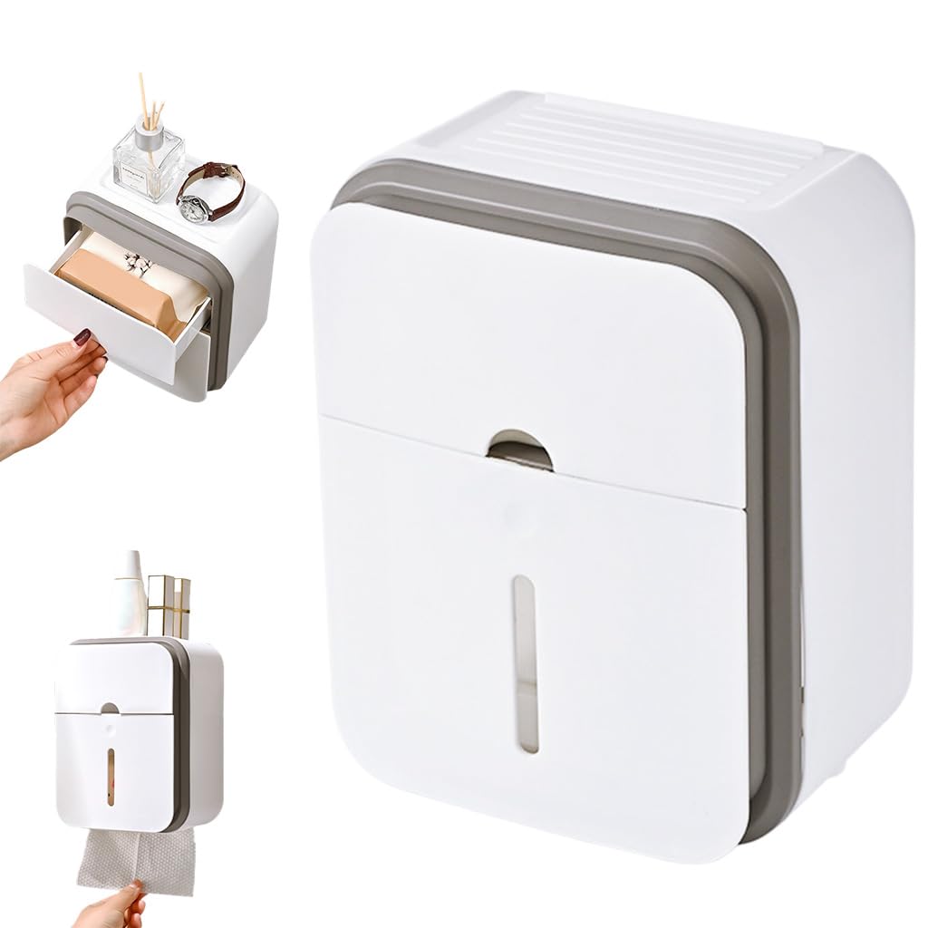 Supvox Toilet Paper Organizer for Bathroom with Double Layer Waterproof Box | No Drill Wall Mounted Dispenser and Sanitary Pad Drawer