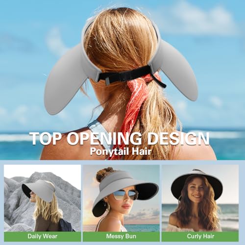 Venzina® UPF 50+ Sun Visor Hat for Women Ultra Wide Brim Outdoor Summer Cap UV Protection Visor Blackout Liner Design Packable Travel Hiking Hat Adjustable Elastic Closure Fashion Beach Hat (Grey)