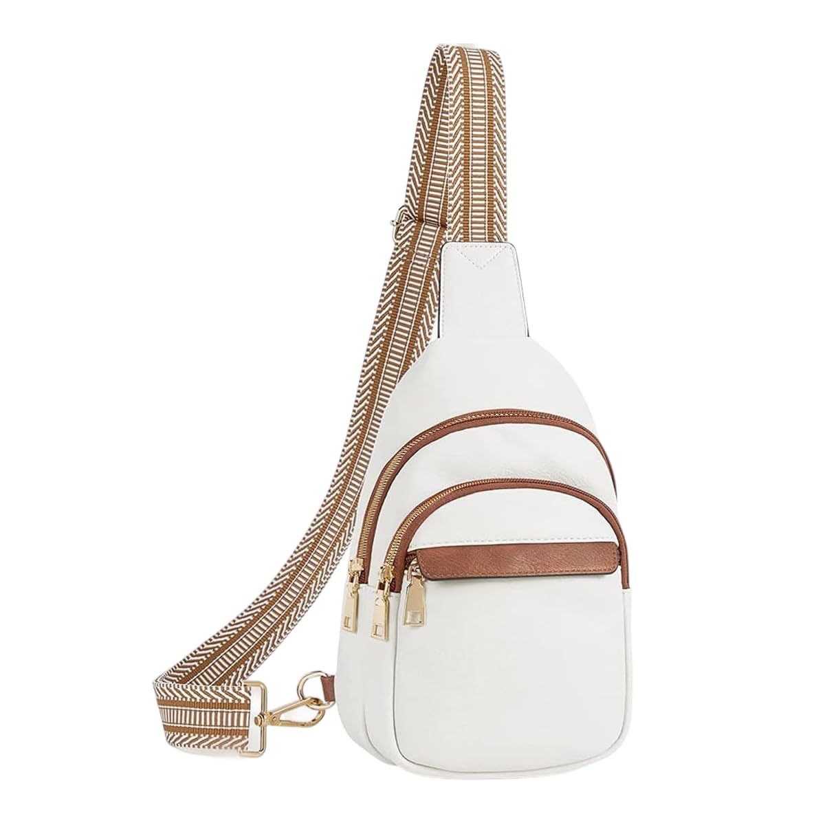 PALAY Fashion PU Chest Bag for Women Chic Triple Layer Zipper Chest Bag with Nylon Webbing Print Strap Design Casual Sling Bag Crossbody Bag Multipurpose Chest Bag for Office, Hiking, Travel