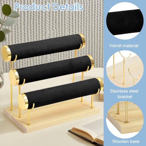 MAYCREATE® Metal Bracelet Display Rack with Wooden Base, Bracelet Holder Organizer for Watch Bangle, 3-Tier Showcase Rack Boutique Shop Display Holder