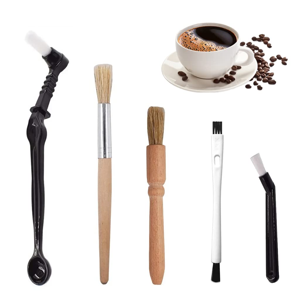 Supvox Coffee Brush Set for Espresso Machine Cleaning with 5 Nylon Brushes and Wooden Handle