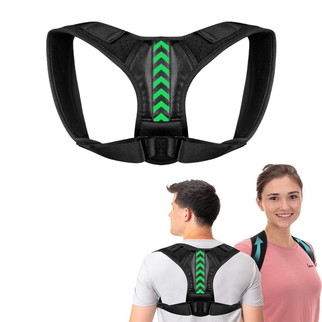 HANNEA Posture Corrector for Men and Women with Hook and Loop Straps, 27–36 in Fit | Breathable Black Green Arrow Back Support Belt
