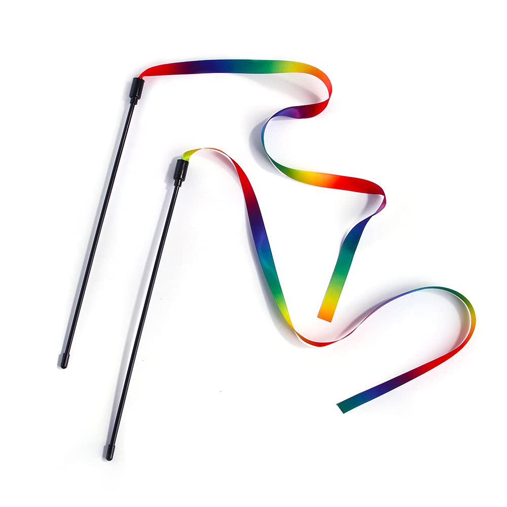 Qpets Cat Rainbow Wand Toys for Interactive Play with Colorful Satin Ribbon | 4PCS Set