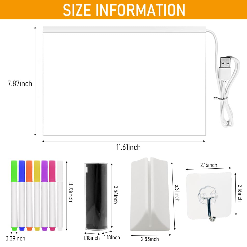 Climberty Hanging LED Acrylic Writing Board for Shop and Home with 7 Color Pens 11.8x7.9 in | Light Up Reusable Message Board