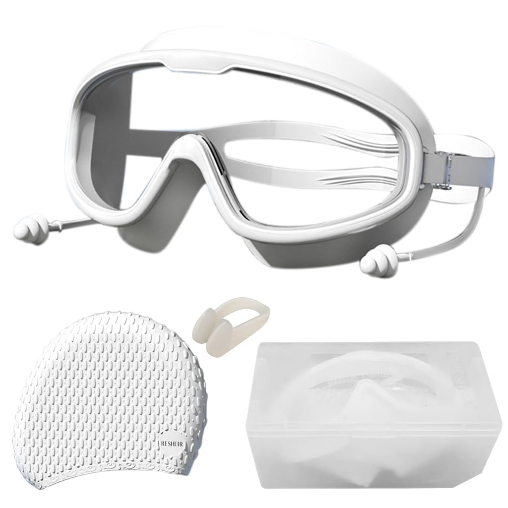 Proberos® Swimming Set with UV and Anti Fog Protection Goggles, Swim Cap, Earplug and Nose Plug Set, Anti-fog Diving Goggles Swimming Goggles for Surfing, Kayaking, White