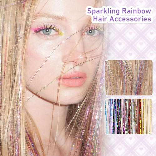 MAYCREATE® 12PCS Hair Tinsel Extensions for Women Girls Glitter 20 Inch Clip-in Fairy Highlight Sparkling Clips for Party Festival Colorful