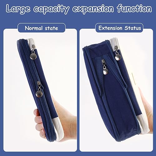 HASTHIP® Nylon Large Capacity Pencil Pouch Durable Storage Multiple Compartment Double Zipper Portable Box for Kids College Student Teen 22X11Cm Navy Blue 3 PCS