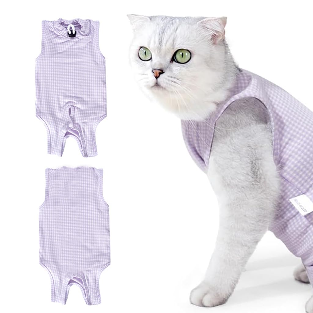 Qpets® Cat Clothes with Adjustable Neckline, Cat Recovery Suit After Surgery Cat Clothes Fix Wound Wrap, Snap Button Closure Design, Purple Plaids Cat Surgery Suit for Surgery Recovery, M