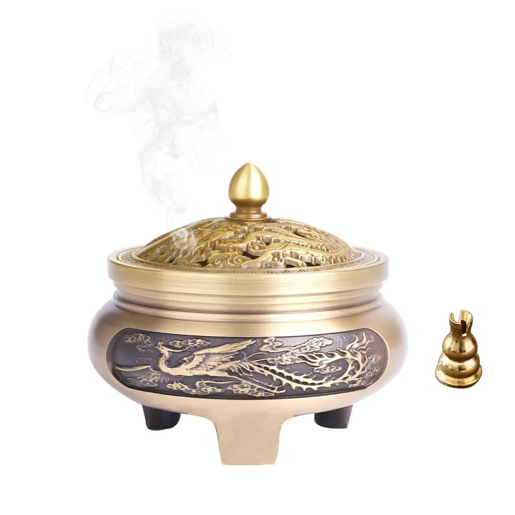 HASTHIP Incense Burner 2.7 in Bronze Alloy with Hollow Lid for Home and Office Décor | Engraved Phoenix Design