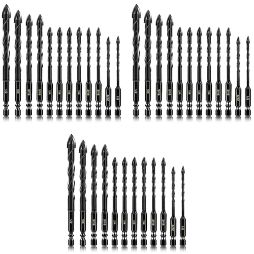 Serplex® 36PCS Masonry Drill Bit Set Tungsten Steel with 7 Sizes for Glass Tile Brick Cement Concrete Plastic Wood 1/8 to 1/2 inch Cross Tip
