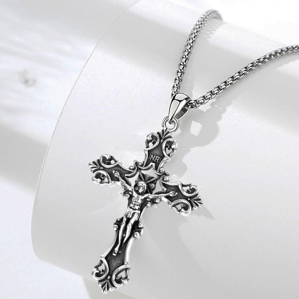 GUSTAVE Gothic Cross Necklace featuring 3D Embossed Pendant and 18–22 in Stainless Steel Chain
