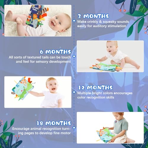 SNOWIE SOFT® Cloth Books for Babies 0 to 3 Years Forest Animal Sensory 6-12 Month with 3D Touch Feel High Contrast Dimensional Tail Built in Rustling Sound Waterproof Baby Toy 3PCS