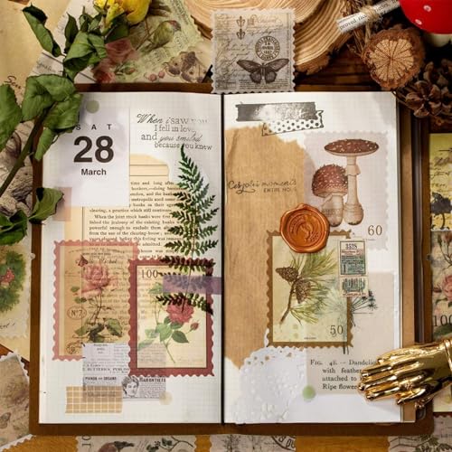 HASTHIP® 240Pcs Vintage Postage Stamp Stickers, 120 Designs Aesthetic Botanical Deco Paper Sticker for Scrapbooking, Journaling Supplies, Planners, Kid DIY Art Crafts, Bullet Journal