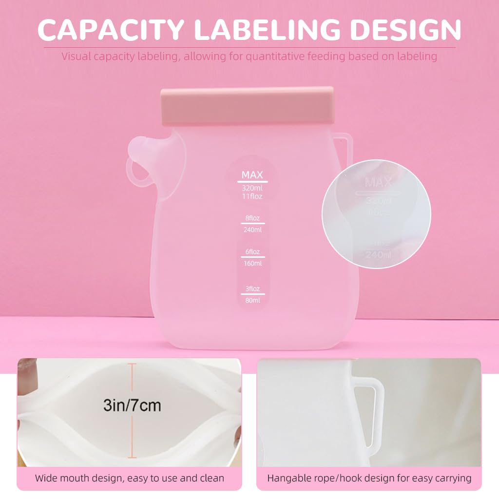 SNOWIE SOFT Breast Milk Storage Bags 320 ml for Baby Feeding with Double Seal Nozzle | BPA-Free Silicone Pink Set