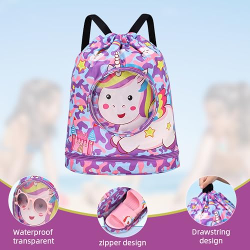 Proberos® Drawstring Backpack Girls Waterproof Swimming Bags with Shoe Compartment Colorful Unicorn Print Polyester Travel Activitiy Bag 2PCS