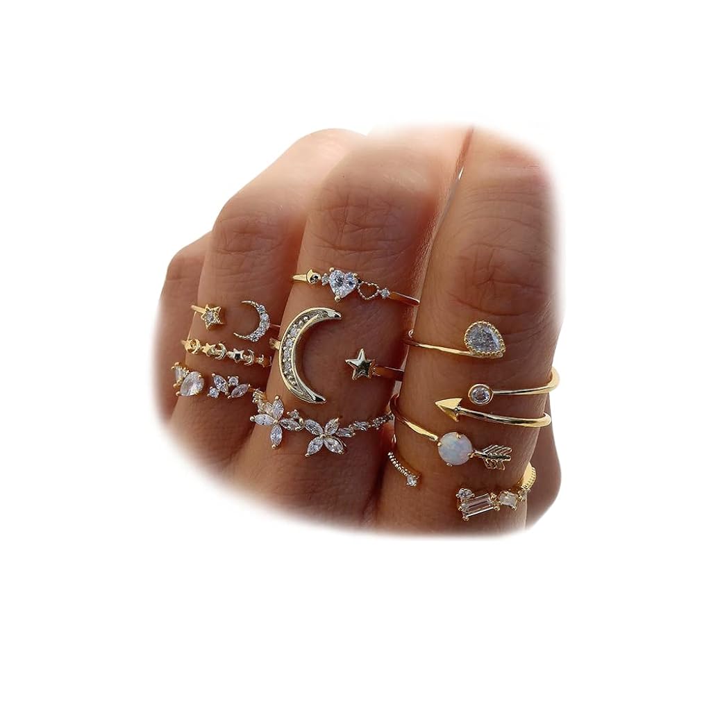 SANNIDHI® 9Pcs Finger Rings for Women Chic Open Rings Rhinestone Embellishment Metal Rings for Women Fashion Pieces Floral Open Rings Crescent Star Open Rings Jewelry Gift for Sisters, Besties