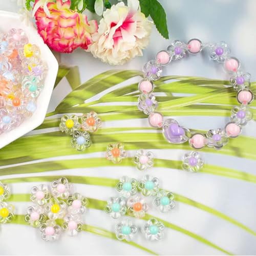 SANNIDHI® 174PCS Cute Beads for Bracelet Making Double Layer Crystal Set Macaron Color Kit Aesthetic Kids Activity Girls Star Flower Round Jewellery DIY Hair Ties