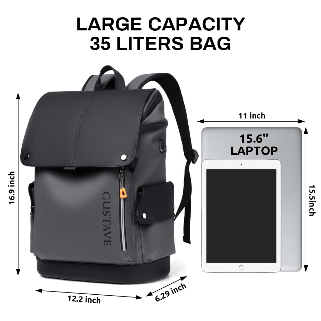 GUSTAVE Leather Backpack for Men with USB & Earphone Ports 15.6 Inch Waterproof Laptop Bag | Dark Gray Business and College Use