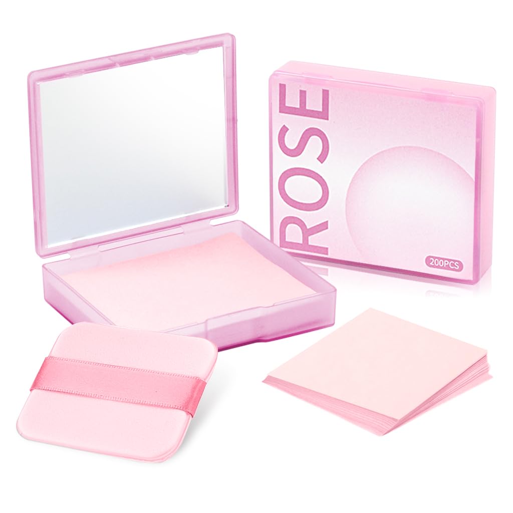 MAYCREATE Blotting Paper for Oily Face with Mirror and Puff featuring Dual Action Absorption | 200 Sheets Natural Linen