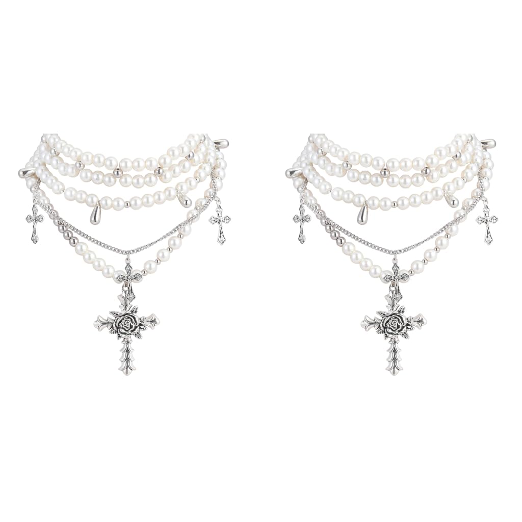SANNIDHI Pearl Necklace for Women featuring Gothic Rose Cross Pendant and Layered Choker | 2PCS Stainless Steel Beads Jewellery