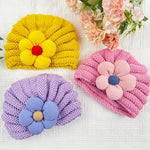 SNOWIE SOFT® 3Pcs Baby Hats for Girls Winter Cap for Kids Winter Hat Set Woolen Cap for Baby, Knitted Flower Cap Warm Beanie Toddler Stretchy Hat for 0 to 2 Years Baby Shower Gifts, Christmas Gift