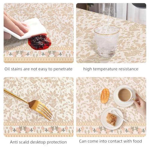 HASTHIP® Dining Table Cover Cloth 4-6 Seater Waterproof - 55 x 78 inch Washable Table Cover Waterproof PVC with Dust-Proof Wrinkle Resistant for Restaurant, Picnic, Bistro, Kitchen - Beige