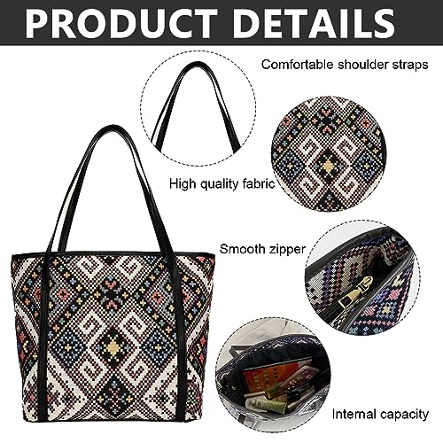 PALAY® Tote Bag for Women Vintage Jacquard Print HandBags With Zipper Closure Leather Large Capacity Shoulder Bag for Shopping, Commuting, School