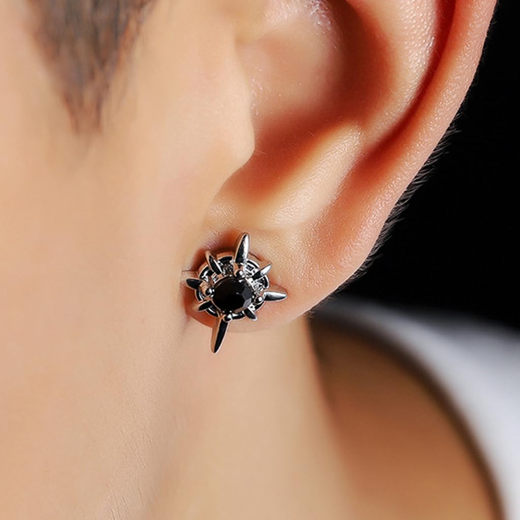 SANNIDHI Clip On Earrings for Non Pierced Ears with Magnetic Studs and Black Rhinestones | Unisex Punk Star Design