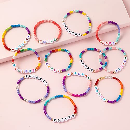 SANNIDHI® 12pcs Heishi Surfer Beads Bracelet for Girls Women, Colorful Elastic Friendship Bracelets Set, Acrylic Letter Seed Beads Cheer Bracelets Bulk, Stackable Kids Jewelry Gift