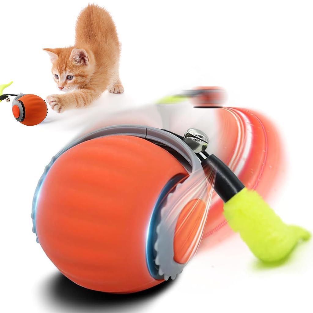 Qpets Electric Cat Ball Toy for Solo Play with 2 Speed Modes and Teasing Tail & Bell Charm