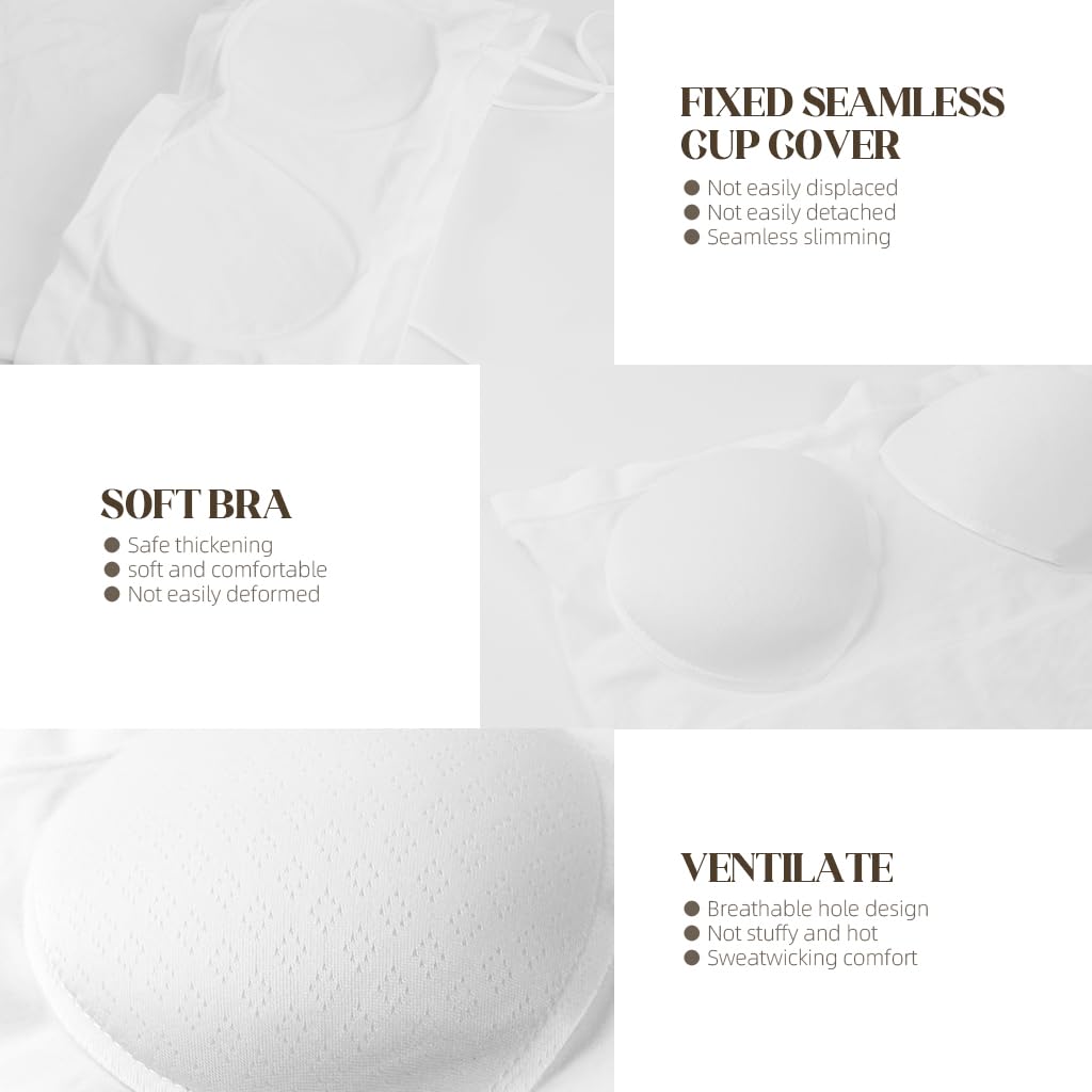 PALAY Women's Seamless Tank Top with Built in Bra featuring Cotton Spaghetti Straps in White