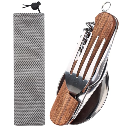 Proberos® 6 in 1 Camping Cutlery Set, Camping Cutlery with Wooden Handle, Outdoor Cutlery with Drawstring Bag, All-in-One Stainless Steel Cutlery, Folding Cutlery for Outdoors, for Hiking, Picnic