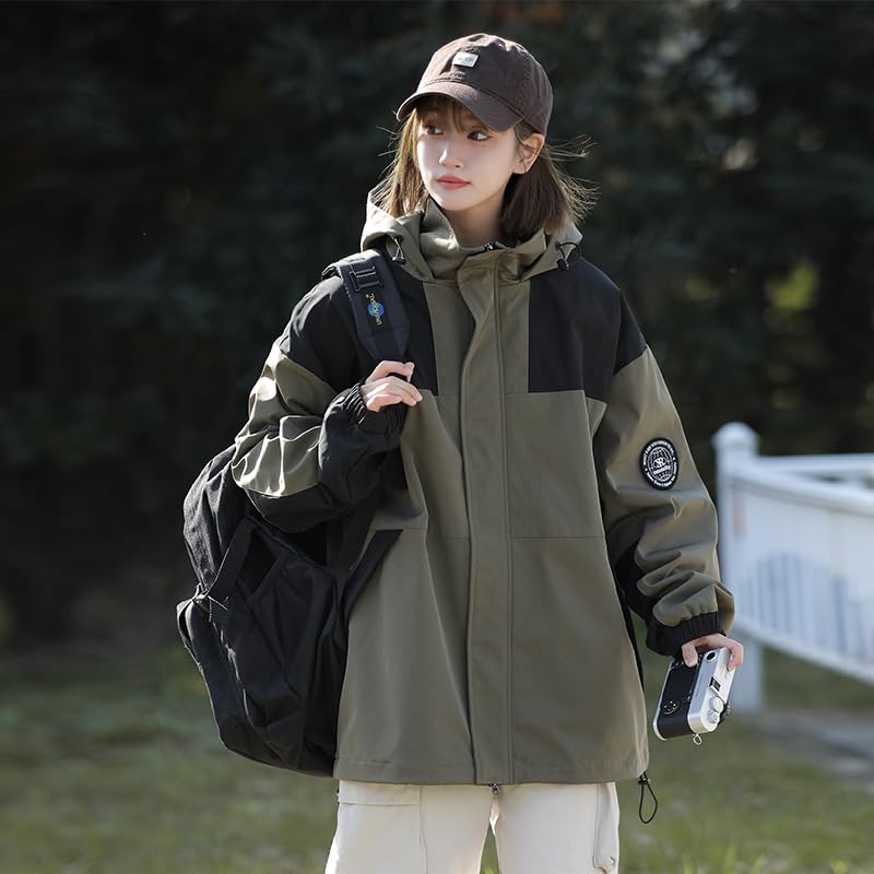 Venzina® Outdoor Hiking Jacket for Women, Splashproof Hoodie with Elastic Windproof Cuffs, Zippered Pockets, Double-Layer Thermal Design, Fashion Patchwork Jacket for Hiking & Urban Commute, Green-M